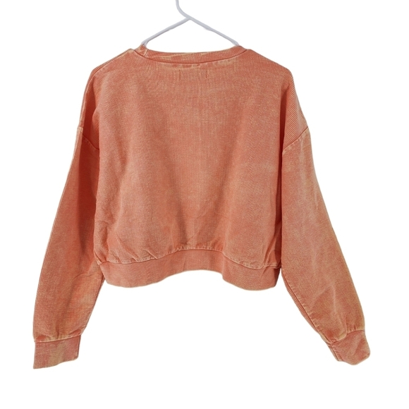 Pink Lily Women's Stellar Weekend Salmon Acid Wash Cropped Cord Sweatshirt - M - Picture 5 of 6